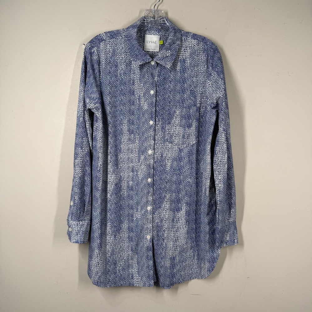 Lysse Schiffer Button Down Tunic Shirt Blue White Abstract Print Stretch Sz M